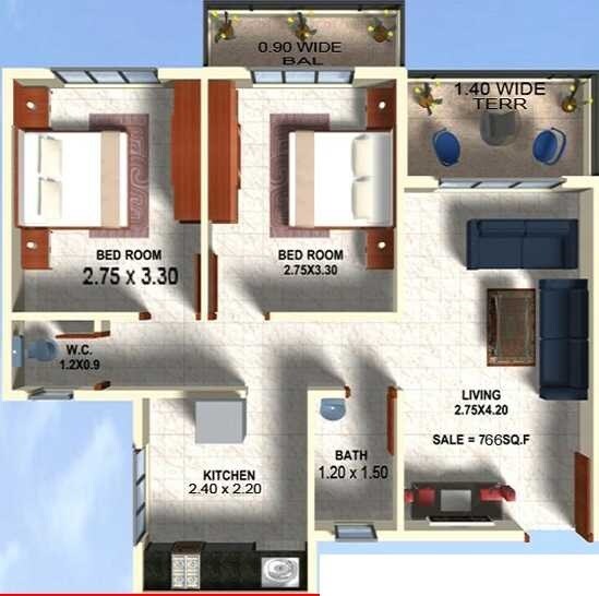 Floor plan of 2 BHK 766 Sq. Ft. Apartment in Sairaj Golden View, Navi Mumbai