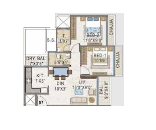 Floor plan of 2 BHK 605 Sq. Ft. Apartment in Sairama Autograph, Navi Mumbai