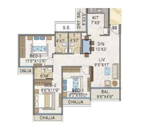Floor plan of 3 BHK 728 Sq. Ft. Apartment in Sairama Autograph, Navi Mumbai
