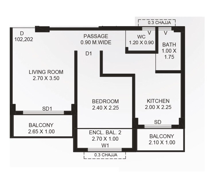 Floor plan of 1 BHK 352 Sq. Ft. Apartment in Sairekha Sai Greens, Navi Mumbai