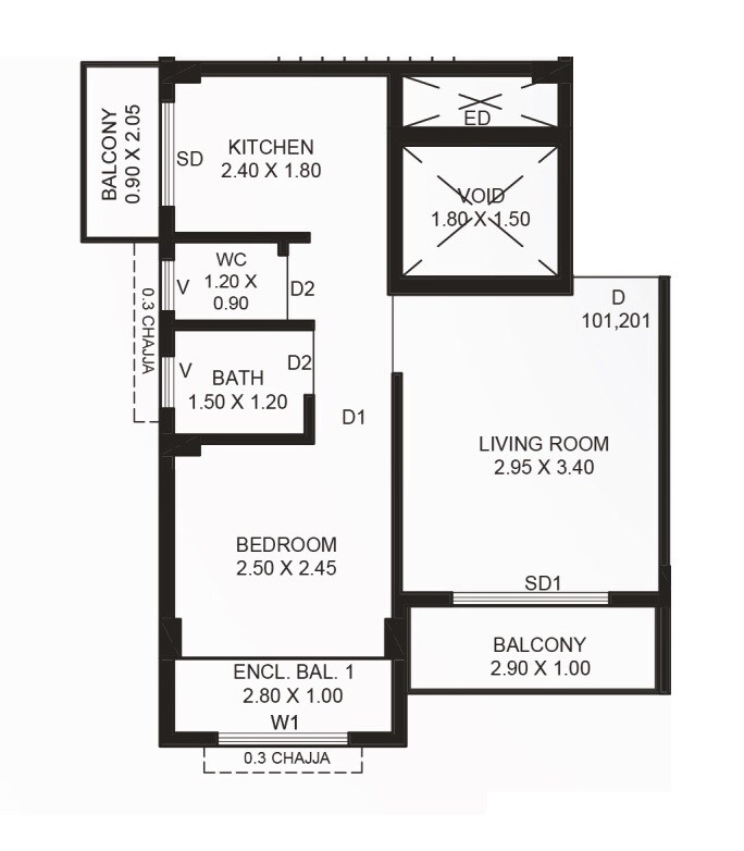 Floor plan of 1 BHK 393 Sq. Ft. Apartment in Sairekha Sai Greens, Navi Mumbai