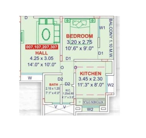 Floor plan of 1 BHK 452 Sq. Ft. Apartment in Samarth Sai Samarth Mauli, Navi Mumbai