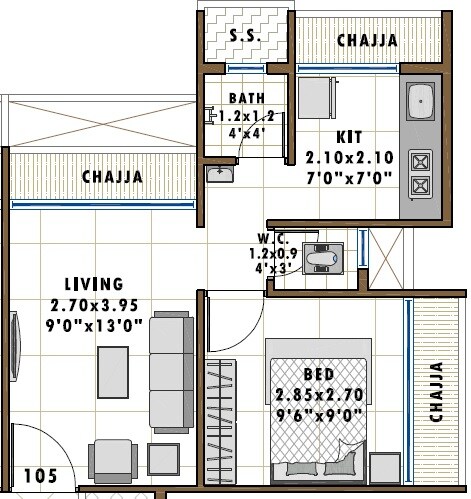 Floor plan of 1 BHK 283 Sq. Ft. Apartment in Sambhav Deep Miracle, Navi Mumbai
