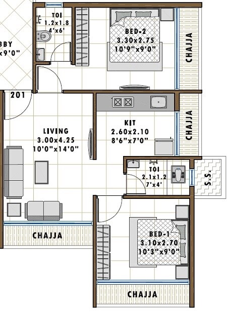 Floor plan of 2 BHK 388 Sq. Ft. Apartment in Sambhav Deep Miracle, Navi Mumbai