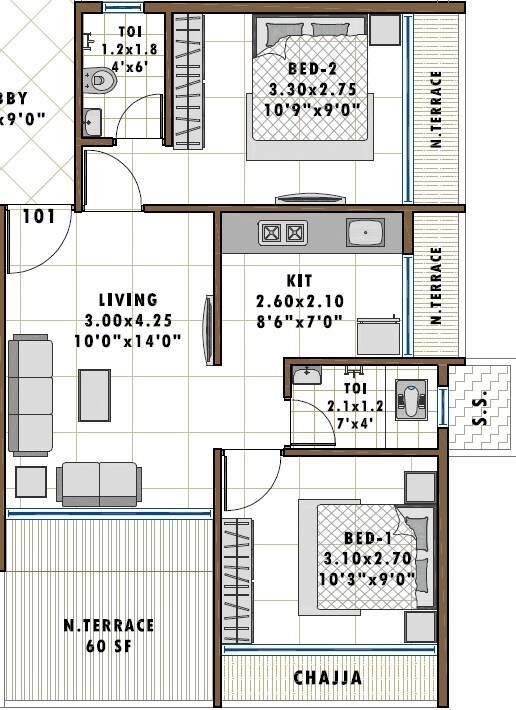 Floor plan of 2 BHK 424 Sq. Ft. Apartment in Sambhav Deep Miracle, Navi Mumbai