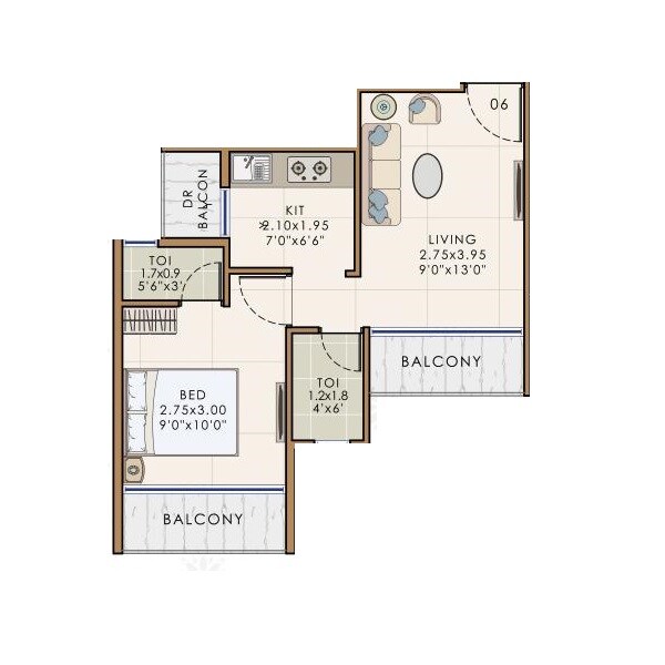 Floor plan of 1 BHK 423 Sq. Ft. Apartment in Sambhav Deep Niketan, Navi Mumbai