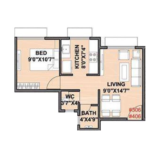 Floor plan of 1 BHK 369 Sq. Ft. Apartment in Sandeep Kedardham, Navi Mumbai