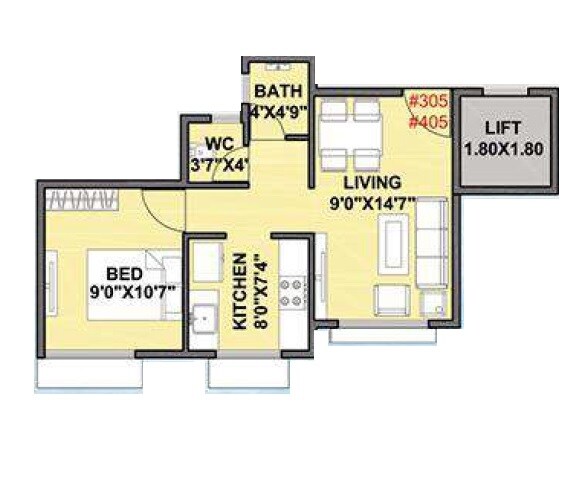 Floor plan of 1 BHK 371 Sq. Ft. Apartment in Sandeep Kedardham, Navi Mumbai