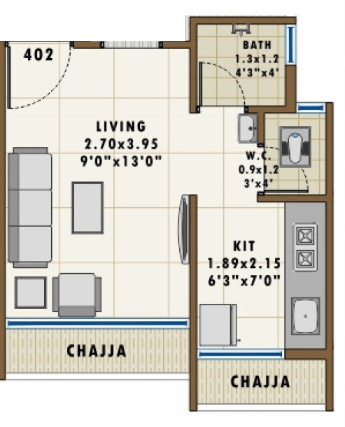 Floor plan of 190 Sq. Ft. Studio in Sarang Daisy, Navi Mumbai