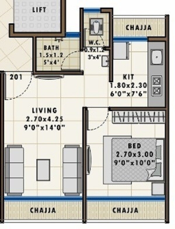 Floor plan of 1 BHK 276 Sq. Ft. Apartment in Sarang Iris, Navi Mumbai