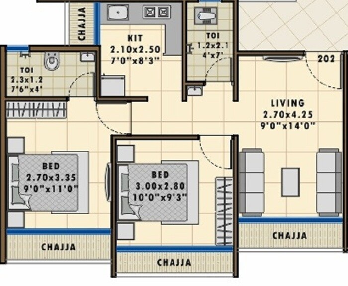 Floor plan of 2 BHK 402 Sq. Ft. Apartment in Sarang Iris, Navi Mumbai
