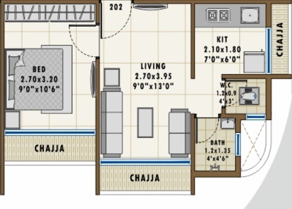 Floor plan of 1 BHK 265 Sq. Ft. Apartment in Sarang Lily, Navi Mumbai