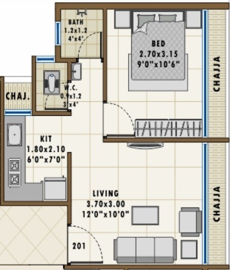 Floor plan of 1 BHK 273 Sq. Ft. Apartment in Sarang Lily, Navi Mumbai