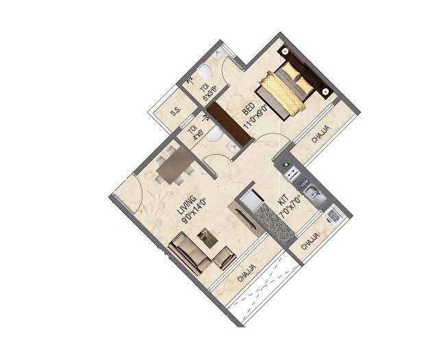 Floor plan of 1 BHK 720 Sq. Ft. Apartment in Sarang Pillars Bellview, Navi Mumbai