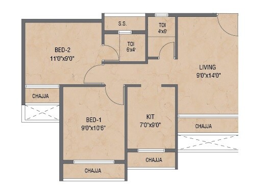 Floor plan of 2 BHK 1000 Sq. Ft. Apartment in Sarang Pillars Bellview, Navi Mumbai