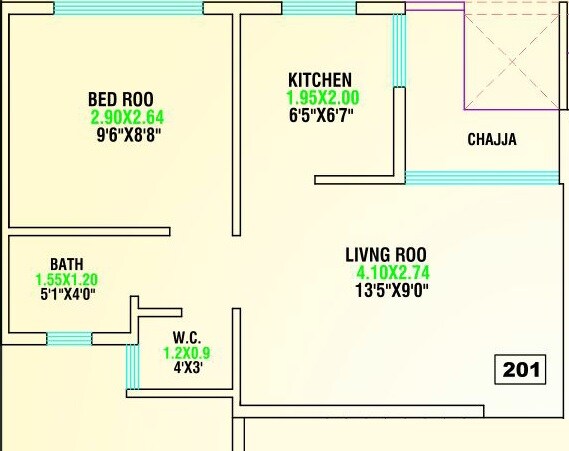 Floor plan of 1 BHK 216 Sq. Ft. Apartment in Sarang Plumbago, Navi Mumbai