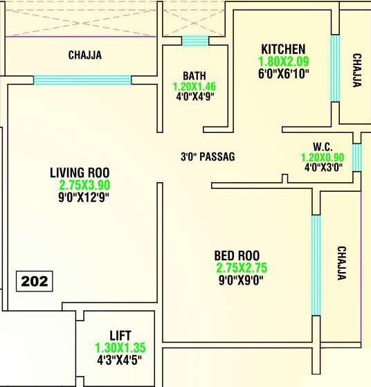 Floor plan of 1 BHK 302 Sq. Ft. Apartment in Sarang Plumbago, Navi Mumbai