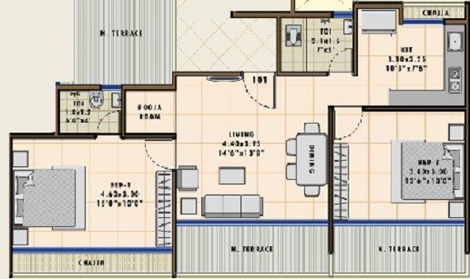 Floor plan of 2 BHK 571 Sq. Ft. Apartment in Sarang Tulip, Navi Mumbai