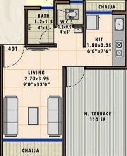 Floor plan of 194 Sq. Ft. Studio in Sarang Tulip, Navi Mumbai