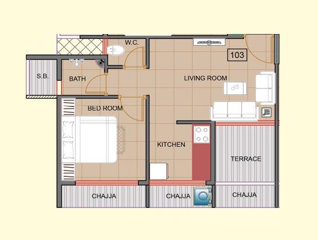 Floor plan of 1 BHK 254 Sq. Ft. Apartment in Sarang Verbena, Navi Mumbai