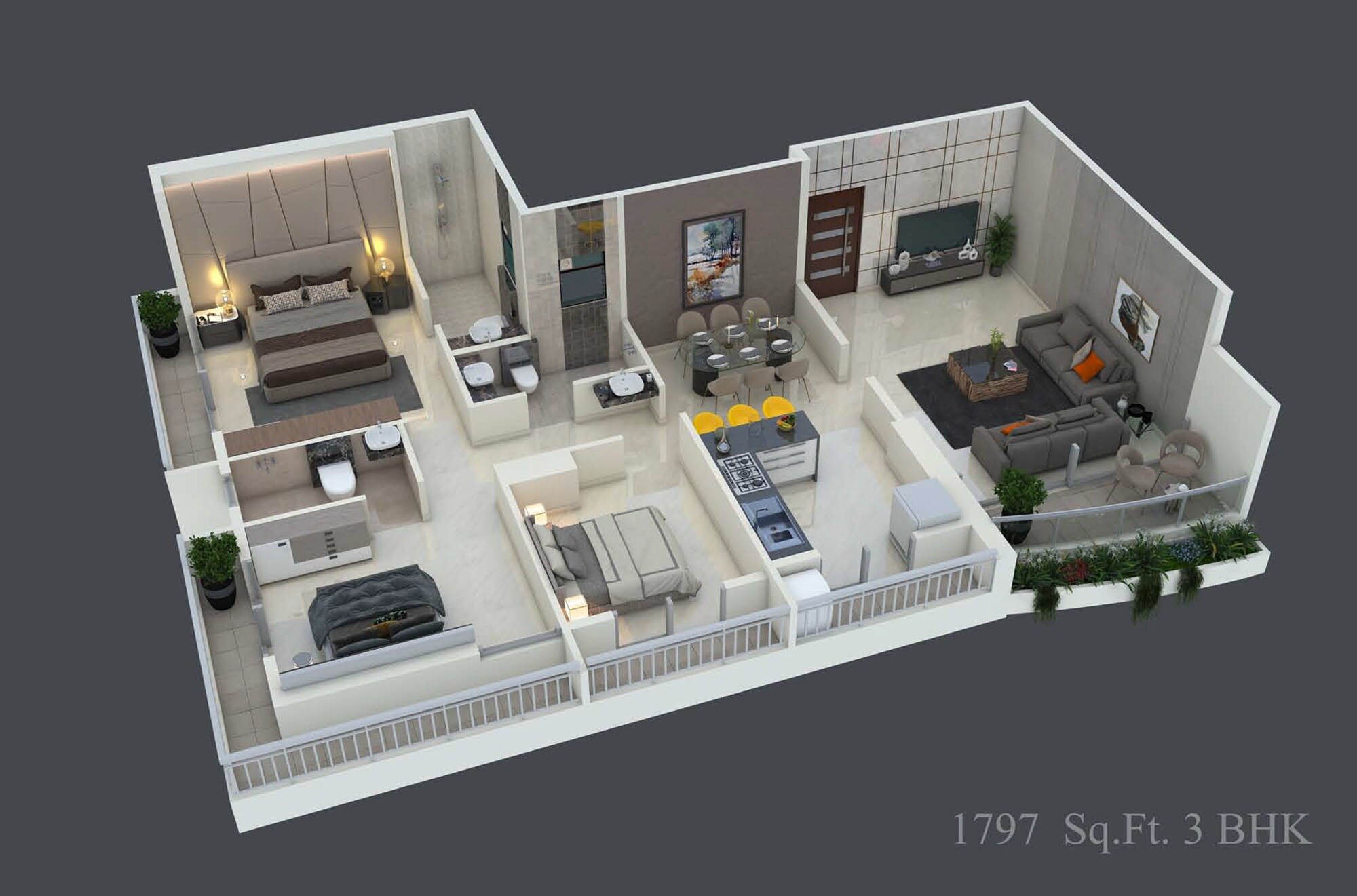 Floor plan of 3 BHK 1797 Sq. Ft. Apartment in Sathe Equinox, Navi Mumbai