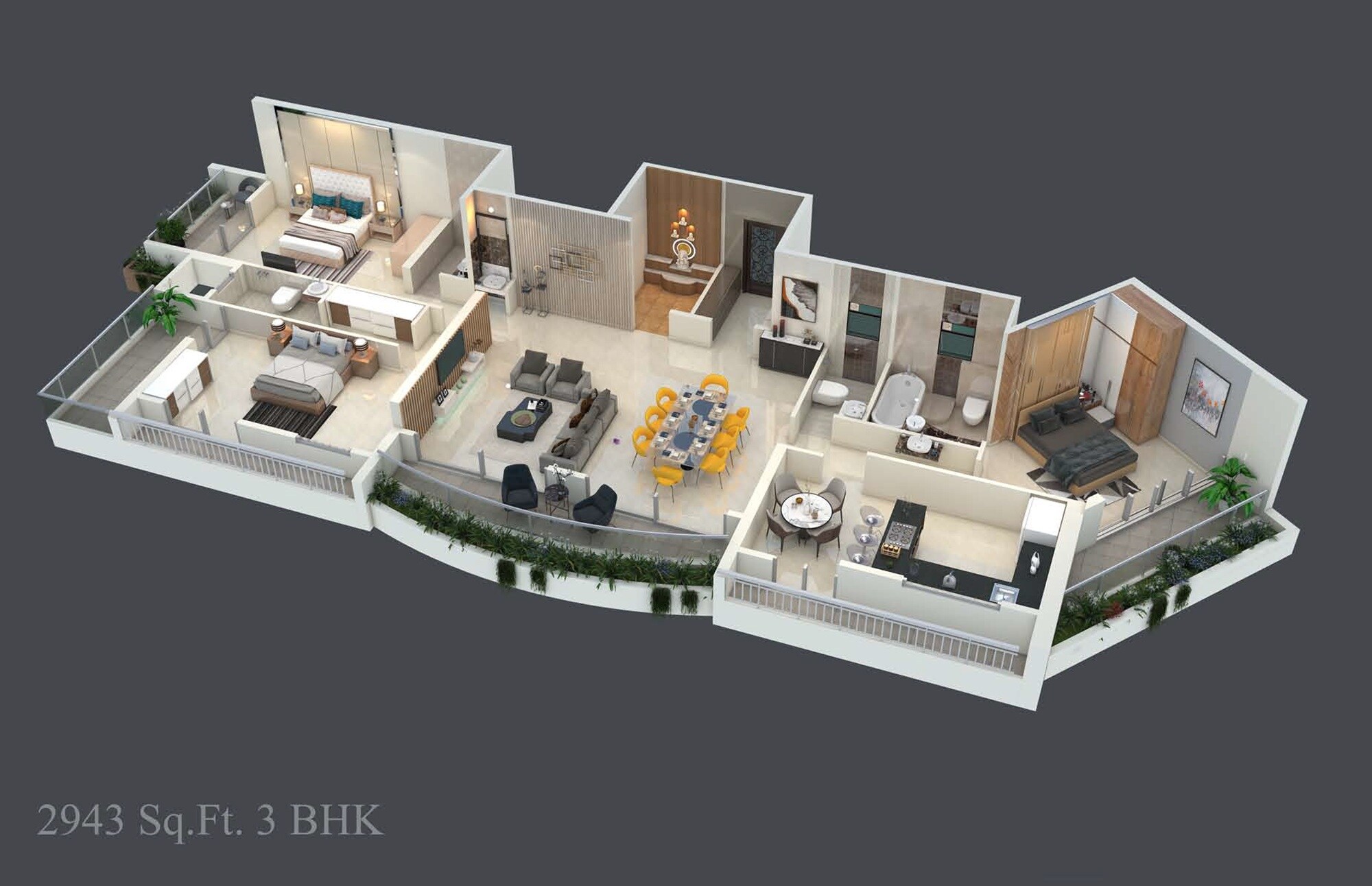 Floor plan of 3 BHK 2943 Sq. Ft. Apartment in Sathe Equinox, Navi Mumbai