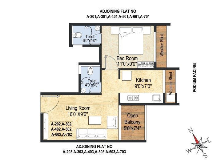 Floor plan of 1 BHK 422 Sq. Ft. Apartment in Sathe Pride City, Navi Mumbai