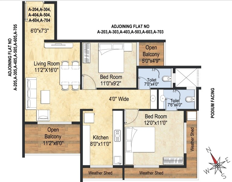 Floor plan of 2 BHK 632 Sq. Ft. Apartment in Sathe Pride City, Navi Mumbai