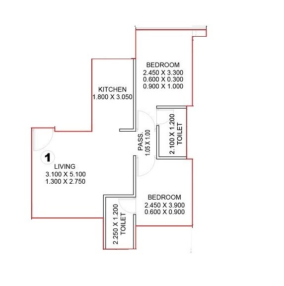 Floor plan of 2 BHK 745 Sq. Ft. Apartment in Satyam 17 West, Navi Mumbai