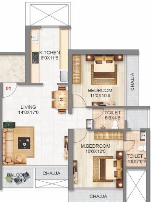 Floor plan of 2 BHK 640 Sq. Ft. Apartment in Satyam Alliaance Icon, Navi Mumbai