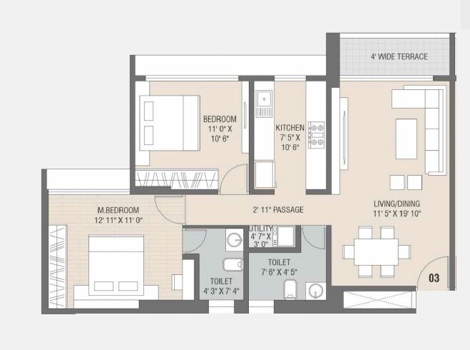 Floor plan of 2 BHK 704 Sq. Ft. Apartment in Satyam Altura, Navi Mumbai