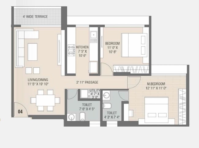 Floor plan of 2 BHK 734 Sq. Ft. Apartment in Satyam Altura, Navi Mumbai