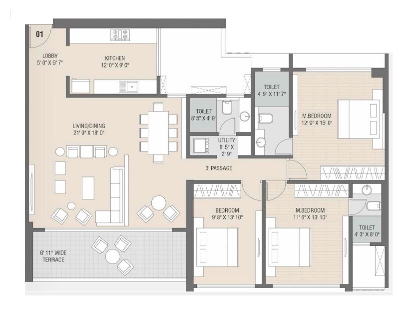 Floor plan of 3 BHK 1297 Sq. Ft. Apartment in Satyam Altura, Navi Mumbai