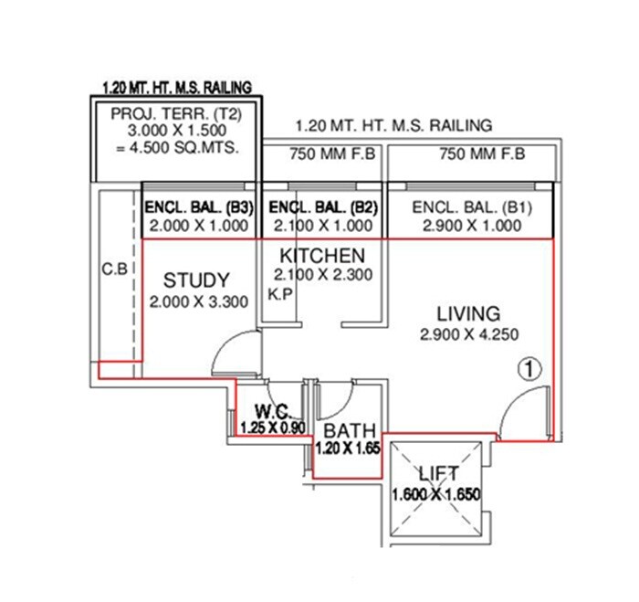Floor plan of 1 BHK 329 Sq. Ft. Apartment in Satyam Aura, Navi Mumbai