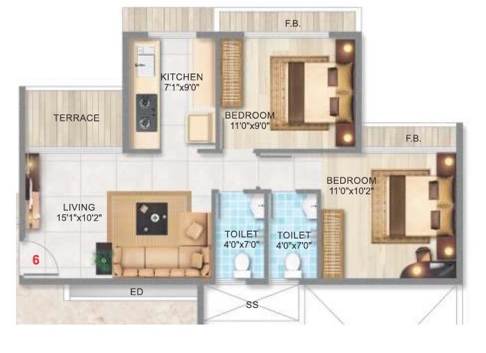 Floor plan of 2 BHK 732 Sq. Ft. Apartment in Satyam Harmony Kopar Khairane, Navi Mumbai