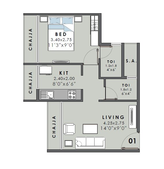 Floor plan of 1 BHK 450 Sq. Ft. Apartment in Satyam Heaven, Navi Mumbai
