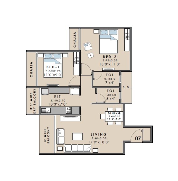 Floor plan of 2 BHK 720 Sq. Ft. Apartment in Satyam Heaven, Navi Mumbai