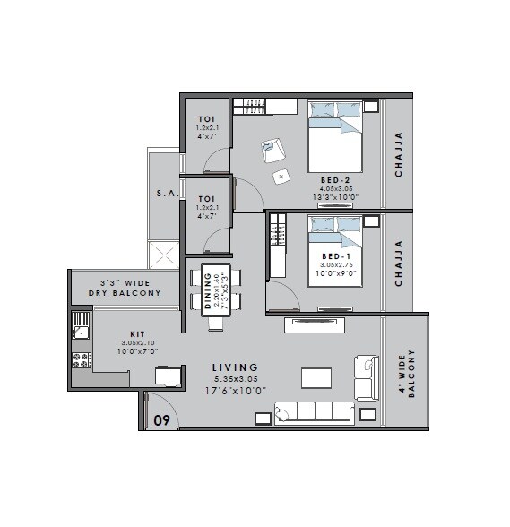 Floor plan of 2 BHK 786 Sq. Ft. Apartment in Satyam Heaven, Navi Mumbai