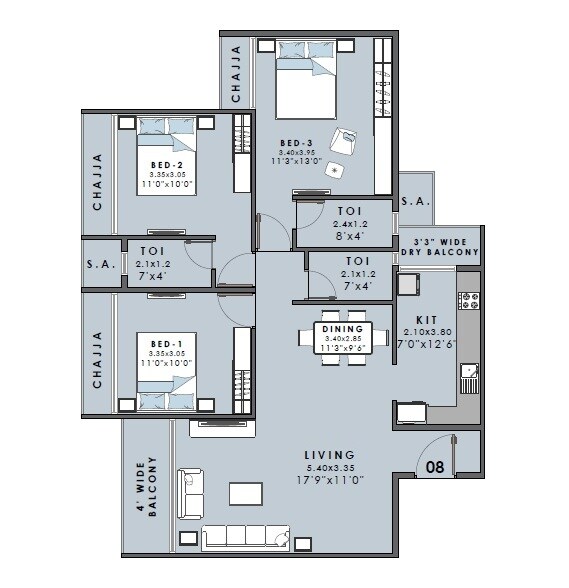 3 BHK 1100 Sq. Ft. Apartment