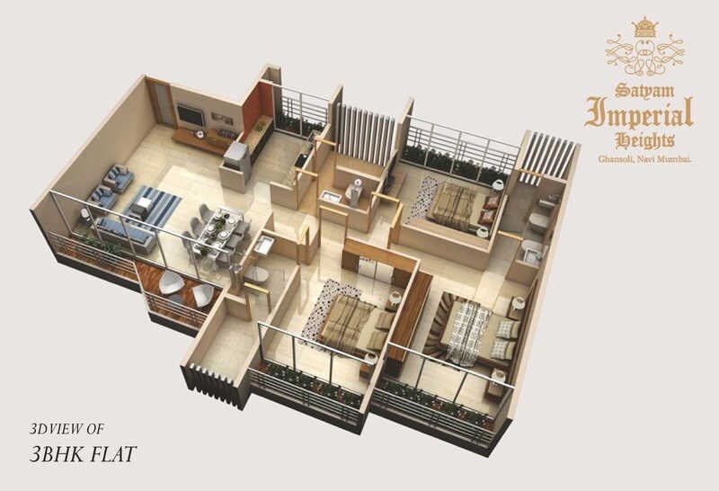 Floor plan of 3 BHK 788 Sq. Ft. Apartment in Satyam Imperial Heights, Navi Mumbai