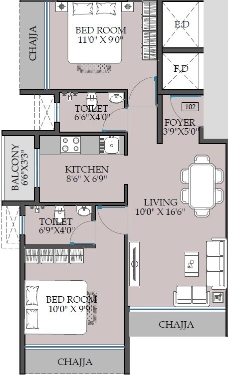 Floor plan of 2 BHK 482 Sq. Ft. Apartment in Satyam Precious, Navi Mumbai