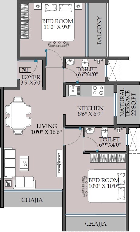 Floor plan of 2 BHK 535 Sq. Ft. Apartment in Satyam Precious, Navi Mumbai