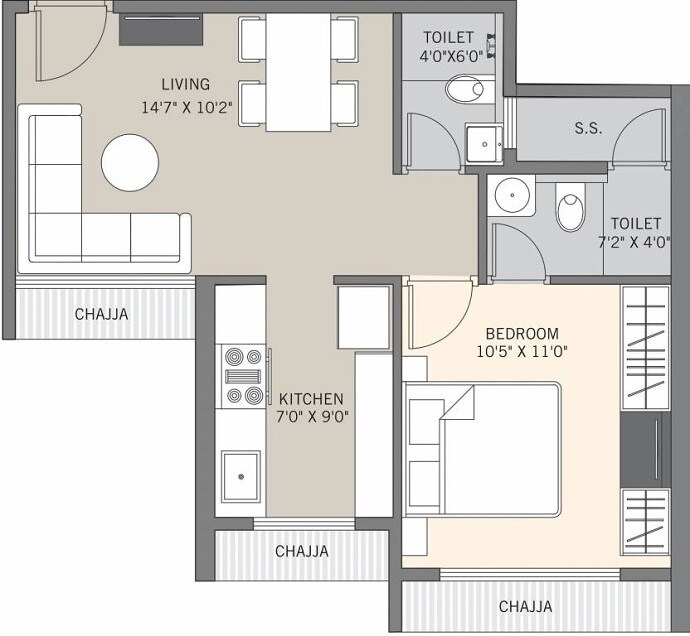 Floor plan of 1 BHK 409 Sq. Ft. Apartment in Satyam Regents Park, Navi Mumbai
