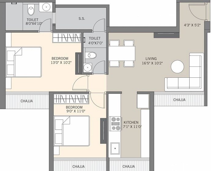 Floor plan of 2 BHK 552 Sq. Ft. Apartment in Satyam Regents Park, Navi Mumbai
