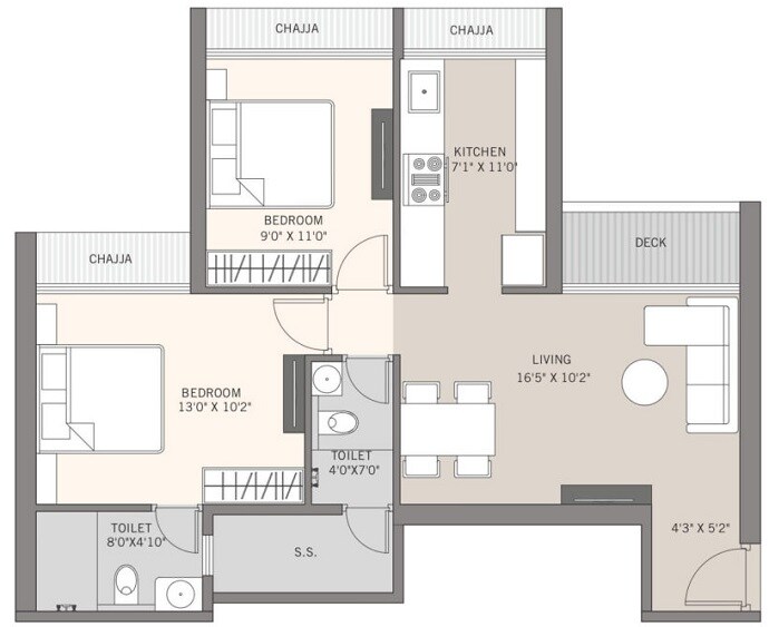 Floor plan of 2 BHK 611 Sq. Ft. Apartment in Satyam Regents Park, Navi Mumbai