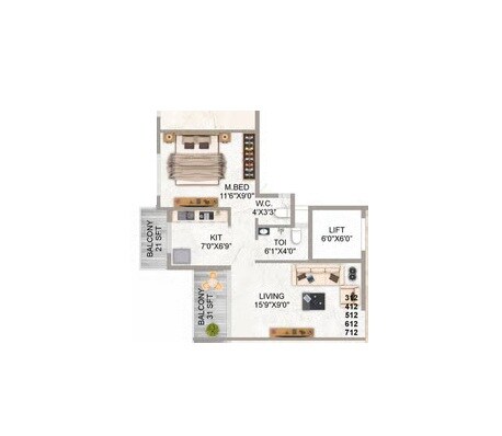 Floor plan of 1 BHK 411 Sq. Ft. Apartment in Satyam Sky Lark, Navi Mumbai