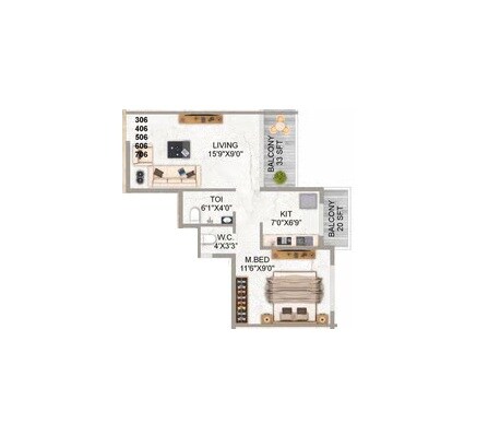 Floor plan of 1 BHK 429 Sq. Ft. Apartment in Satyam Sky Lark, Navi Mumbai