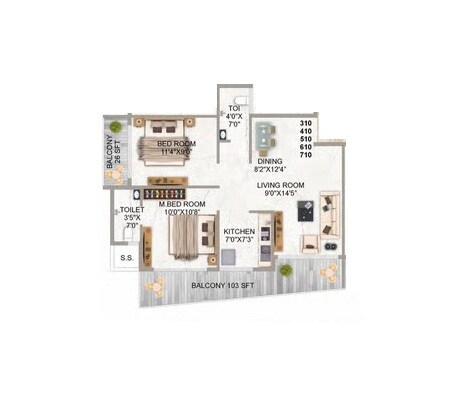 Floor plan of 2 BHK 693 Sq. Ft. Apartment in Satyam Sky Lark, Navi Mumbai