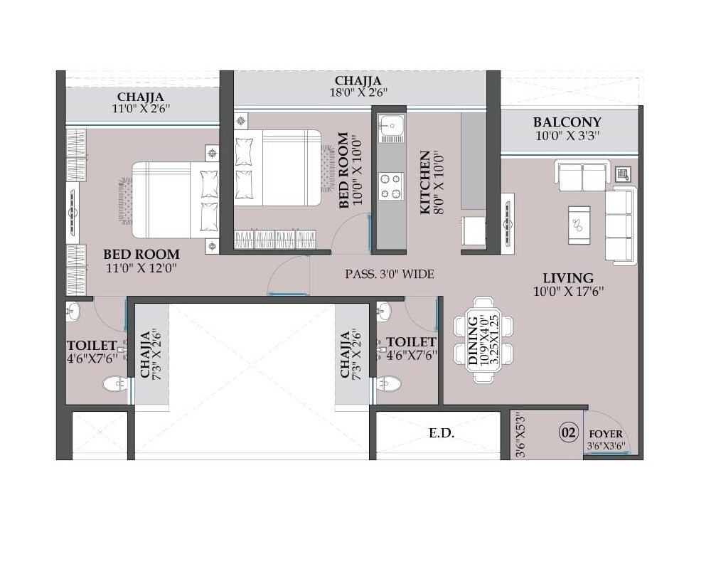 Floor plan of 2 BHK 827 Sq. Ft. Apartment in Satyam Skydeck, Navi Mumbai