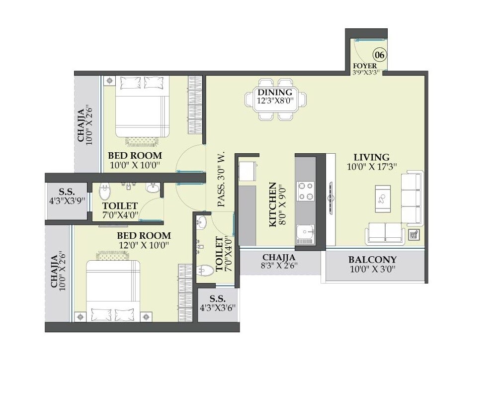 Floor plan of 2 BHK 839 Sq. Ft. Apartment in Satyam Skydeck, Navi Mumbai